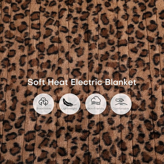 Electric Heated Blanket King Size 90"x100" - Dual-Sided with Flannel, 4 Heat Settings & 10 Hours Auto Off, Machine Washable - Leopard Print