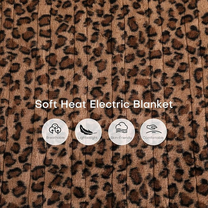 Electric Heated Blanket Queen Size 84"x90" - Dual-Sided with Microplush & Sherpa Fabric, 4 Heat Settings & 10 Hours Auto Off - Leopard Print