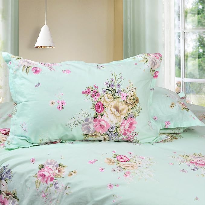FADFAY Green Floral Duvet Cover Sets Vintage Flower Printed Bedding Ultra Soft 100% Cotton Designer Bedding Set 3 Pieces, 1duvet Cover & 2pillowcases (King/California King Size, Simple Style)