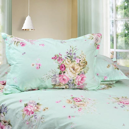 FADFAY Green Floral Duvet Cover Sets Vintage Flower Printed Bedding Ultra Soft 100% Cotton Designer Bedding Set 3 Pieces, 1duvet Cover & 2pillowcases (King/California King Size, Simple Style)