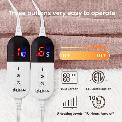 Heated Blanket Electric Blanket Queen Waffle, 84x90 Inches Dual Controllers Sherpa Fleece Fast Heating Blanket 6 Heating Levels & 10 Hours Auto Off ETL Certification, Pink Queen