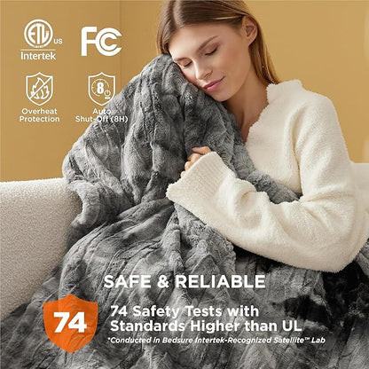 Bedsure Faux Fur Heated Blanket Full Size, Fast Heating Electric Blanket Full Size with 6 Heating Levels & 10 Time Settings, Cozy Gifts for Women Men (72x84 inches, Grey)