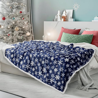 PAVILIA Blue Snowflake Christmas Sherpa Throw Blanket, Reversible Fleece Sherpa Cozy Holiday Blanket 60x80, Soft Winter Throw for Couch & Bed, Plush for Family Friends