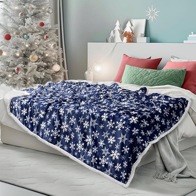 PAVILIA Blue Snowflake Christmas Sherpa Throw Blanket, Reversible Fleece Sherpa Cozy Holiday Blanket 50x60, Soft Winter Throw for Couch & Bed, Plush Cozy Warm