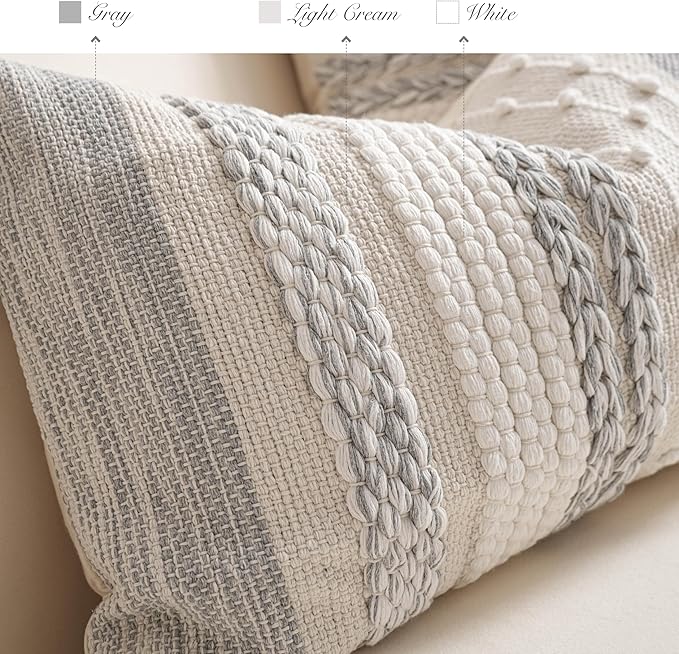 BlissBlush Gray Boho Decorative Throw Pillow Cover 22x22 Square Farmhouse Accent Cushion for Couch Sofa Livingroom Bedroom Pillowcase Modern Home Décor (Pack of 1)