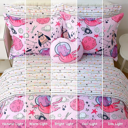 Mooreeke Kids Twin Comforter Sets for Girls 6 Pieces Cute Space Cat Bedding Set for Teens Microfiber Pink Kids Bed in A Bag with Comforter, Sheet Set, Shams and Decorative Toy Pillow All Season