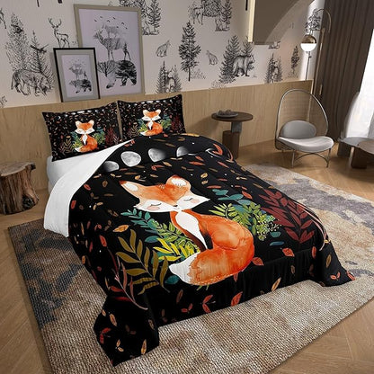 Castle Fairy Red Fox Printed Full Size Comforter Set Colorful Leaf Bedding Set for Kids Adults Teens Cute Animals Comforter Luxury Starry Sky Moon Quilt Set Room Decor 3Pcs