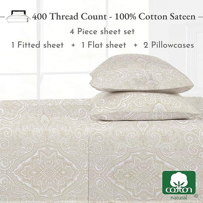 California Design Den California King Sheet Sets - 400 Thread Count Sateen, Natural 100% Cotton Sheets Set, Deep Pocket and Durable Bedding - Paisley Pattern, Beige