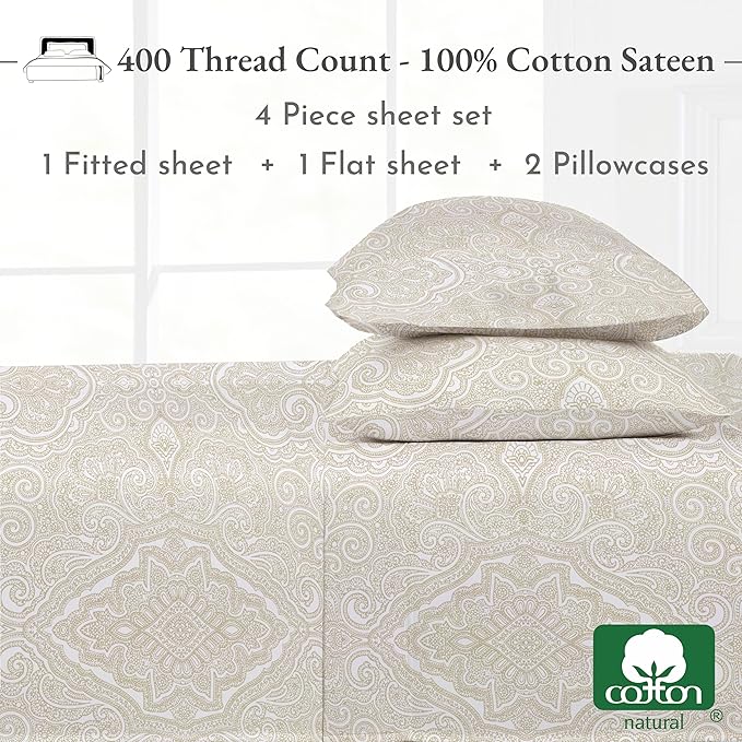 California Design Den Printed King Size Sheets Set - 400 Thread Count, Soft Sateen, Natural 100% Cotton Sheets, Deep Pockets, and Durable Bedding Set - Paisley Beige
