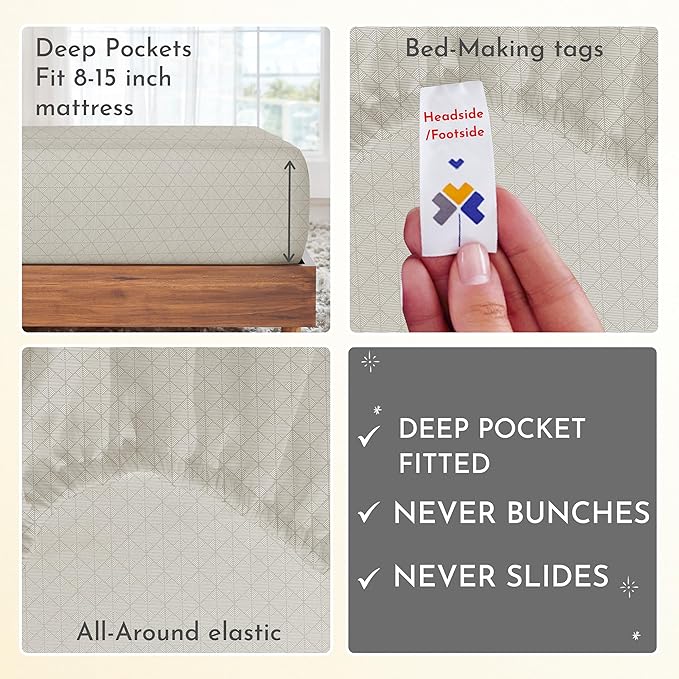 California Design Den Deep Pocket Twin Sheets Set - 400 Thread Count Sateen, Natural 100% Cotton Bed Sheets, Deep Pocket and Durable Bedding Set - Taupish-Sage Crosshatch