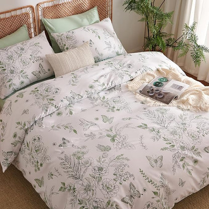 Floral Duvet Cover Queen Size Green Flower Butterfly Bedding Set 3Pcs Romantic Spring Garden Aesthetic Botanical Reversible Cooling Comforter Cover with Zipper Closure & Corner Ties