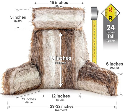 Husband Pillow Medium Rare Baby Coyote Fabulous Faux Fur Backrest, Two-Tone Reversible Double Sided Reading & Bed Rest Pillow with Arms & Neck Roll Adjustable Memory Foam - Sit Up Extremely Comfy