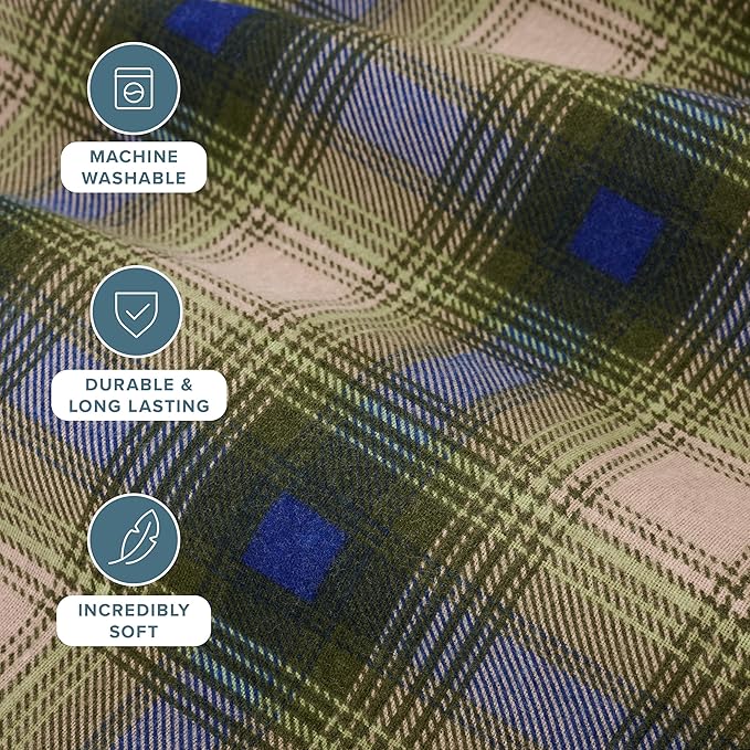 Bare Home Cotton Flannel Sheet Set Prints, Bed Linen Set, Double Brushed Flannel for Extra Softness & Comfort - Winter Bed Sheets (Queen, Voyageur Plaid - Green)