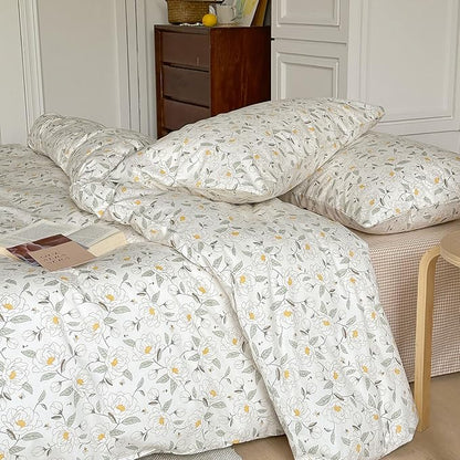 AOJIM Kids Adults Duvet Cover Set with Floral Pattern, Soft Comfy 100% Cotton Comforter Cover Set 3pcs, 1 Reversible Aesthetic Quilt Cover Full Size and 2 Matching Pillowcases for Room Decor, No Quilt