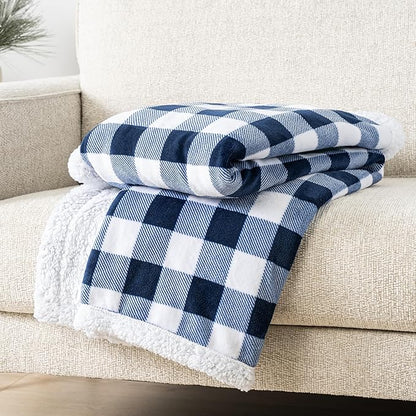 PAVILIA White and Navy Blue Buffalo Plaid Sherpa Throw Blanket for Couch Twin, Soft Fuzzy Flannel Blanket for Bed, Plush Checkered Fleece Blanket and Throws, Warm Thick Winter Blanket Gift, 60x80