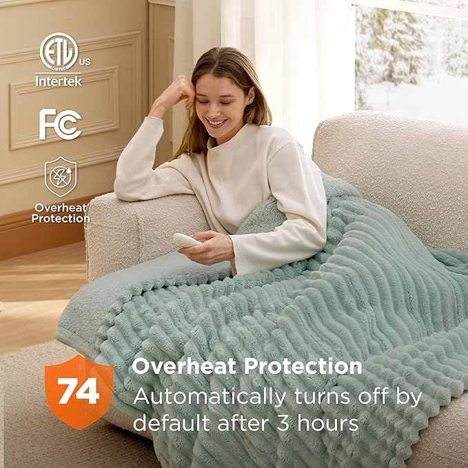 Bedsure Heated Blanket Electric Throw - Thick Striped Flannel Electric Blanket, Heating with 4 Time Settings, 6 Heat Settings, and 3-Hour Timer Auto Shut Off, Gift for Grandma (50x60 inches, Green)