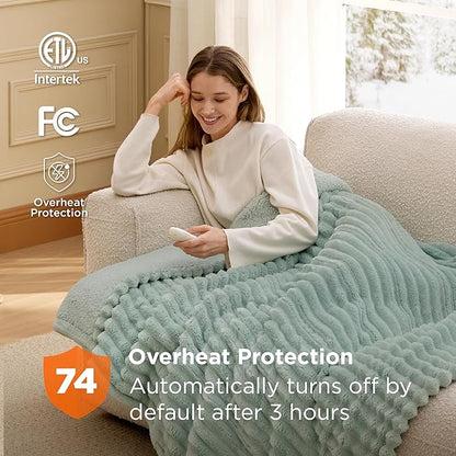 Bedsure Heated Blanket Electric Throw - Thick Striped Flannel Electric Blanket, Heating with 4 Time Settings, 6 Heat Settings, and 3-Hour Timer Auto Shut Off, Gift for Grandma (50x60 inches, Green)