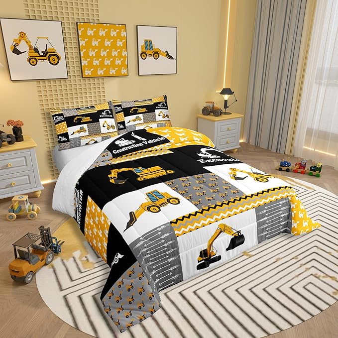 Feelyou Excavator Comforter Construction Vehicles Comforter Set Equipment Trucks Bedding Set for Children Kids Boys Girls Cartoon Car Duvet Set Geometric Lattice Room Decor Quilt Set Full Size Yellow