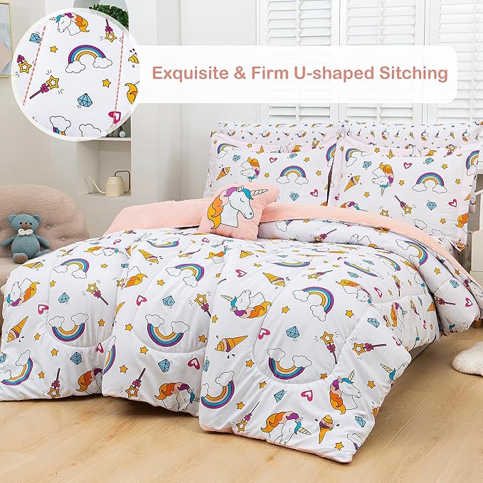 Mooreeke Bed in a Bag for Kids Girls Teens, 6 Pieces Twin Size Comforter Bed Set with Shams, Sheet Set and Decorative Toy Pillow, Unicorn Rainbow Super Soft Microfiber Kids Bedding Set