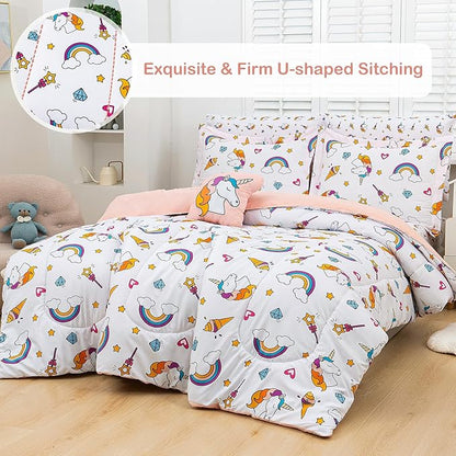 Mooreeke Bed in a Bag for Kids Girls Teens, 8 Pieces Full Size Comforter Bed Set with Shams, Sheet Set and Decorative Toy Pillow, Unicorn Rainbow Super Soft Microfiber Kids Bedding Set