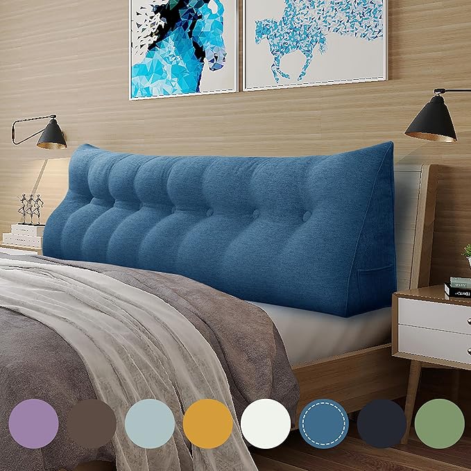 Wedge Headboard Pillow Dorm Room Reading Pillow Back Support for Sitting Up in Bed Bolster Lumbar Cushion Body Positioning Bedrest Cotton Linen 76in Blue King