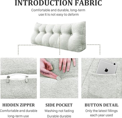 11 lbs Thickened Queen Headboard Pillow Wedge Pillow Headboard Reading Pillow Bed for Comfortable Backrest Reading Triangular Pillow with Side Pocket for Sitting in Bed Cotton Linen White