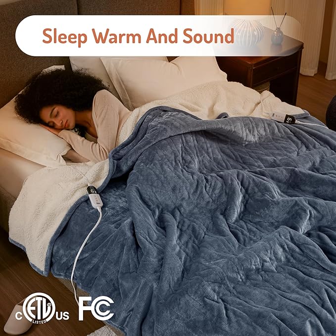Degrees of Comfort Electric Heated Blanket Queen Size with Dual Control - Soft Flannel Heating Blankets with 6 Heat Settings, 10-Hour Auto Shut-Off, Overheat Protection, ETL Certified - 84x90'', Blue
