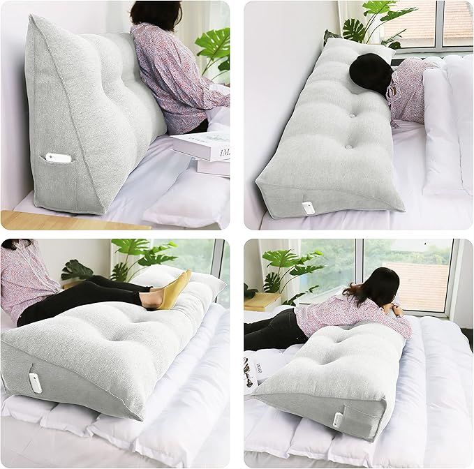 Wedge Headboard Pillow Dorm Room Reading Pillow Back Support for Sitting Up in Bed Bolster Lumbar Cushion Body Positioning Bedrest Cotton Linen 54in Grey-Beige Full