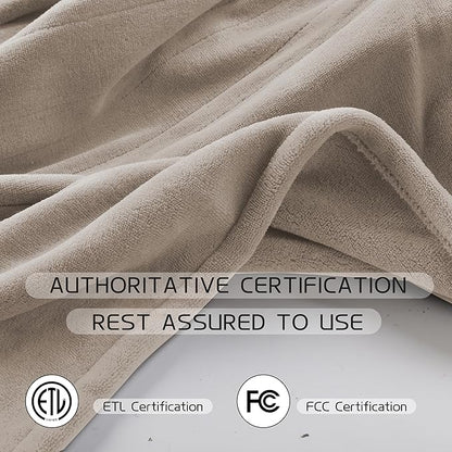 Heated Electric Blanket 62"x84" Twin Size, Soft Coral Fleece Blanket with 4 Heating Levels & 10 Hours Auto-Off, Fast Heating, Warm Cozy, Machine Washable for Home & Office - Light Brown