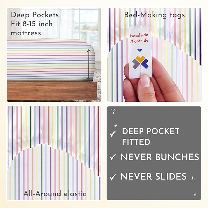 California Design Den Deep Pocket Twin Sheets Set - 400 Thread Count Sateen, Natural 100% Cotton Sheets, and Durable Bedding Set - Rainbow Striped