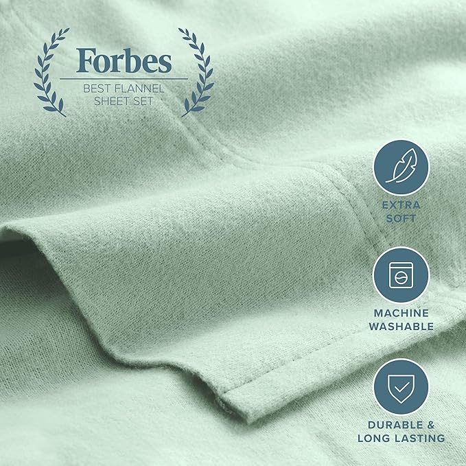 Bare Home Flannel Sheet Set 100% Cotton, Velvety Soft Heavyweight - Double Brushed Flannel - Deep Pocket (Queen, Mint)