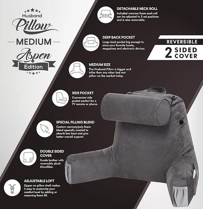Husband Pillow Medium Aspen Edition Iron Grey, Sit Up Reading & Bed Rest with Arms, Ultra-Comfy, Detach Neck Roll - Premium Shredded Memory Foam Backrest, Reverses to Micro: Suede or Plush