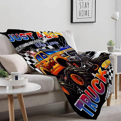 Trucks Blanket, Just A Boy Who Loves Trucks Gifts for Kids, Car Themed Flannel Blankets, Soft Cozy Lightweight Throws Gifts for Truck Lovers & Boys 80x60 Inch for Adult