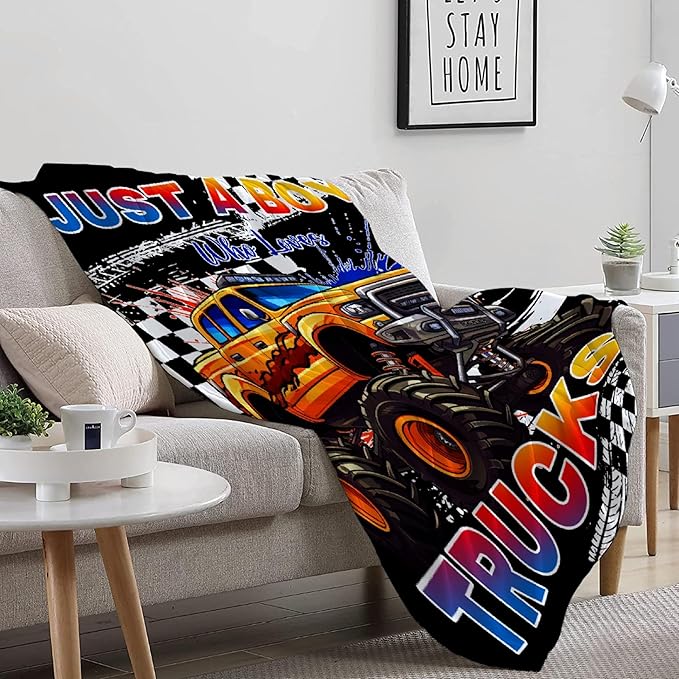 Trucks Blanket, Just A Boy Who Loves Trucks Gifts for Kids, Car Themed Flannel Blankets, Soft Cozy Lightweight Throws Gifts for Truck Lovers & Boys 60x50 Inch for Teen