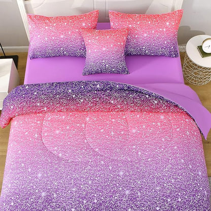 6Pcs Glitter Comforter Set with Sheets for Teens Girls Kids, Colorful Gradient Glitter Themed Bed in a Bag Full Size, Pink Purple 3D Sparkly Galaxy Bedroom Decor Bedding Set