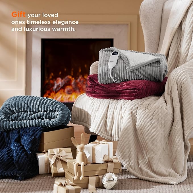 Bedsure GentleSoft Electric Blanket Twin - Soft Ribbed Flannel Heated Blanket, Heating with 10 Time Settings, 6 Heat Settings, and 8 hrs Timer Auto Shut Off, Gifts for Grandma (62"x84", Light Grey)