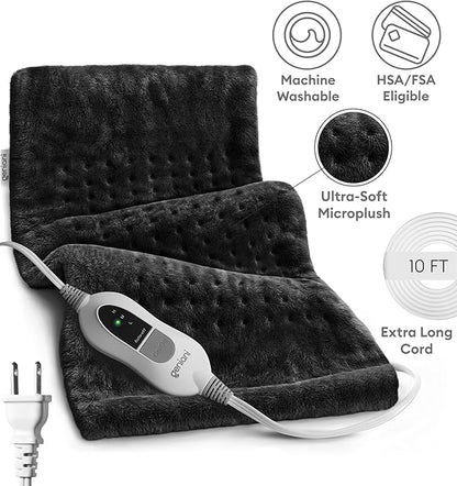 GENIANI XL Electric Heating Pad for Back Pain & Cramps Relief, Electric Throw, Birthday Christmas Gifts for Women, Men Auto Shut Off, Machine Washable, Heat Pad for Neck & Shoulder (12'‘×24" Black)