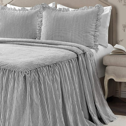 Lush Decor Ticking Stripe Bedspread King Size 3 Piece Set Black - Ruffle Bedding Set King Bedspreads - Striped Bedding - Farmhouse & Coquette Decor