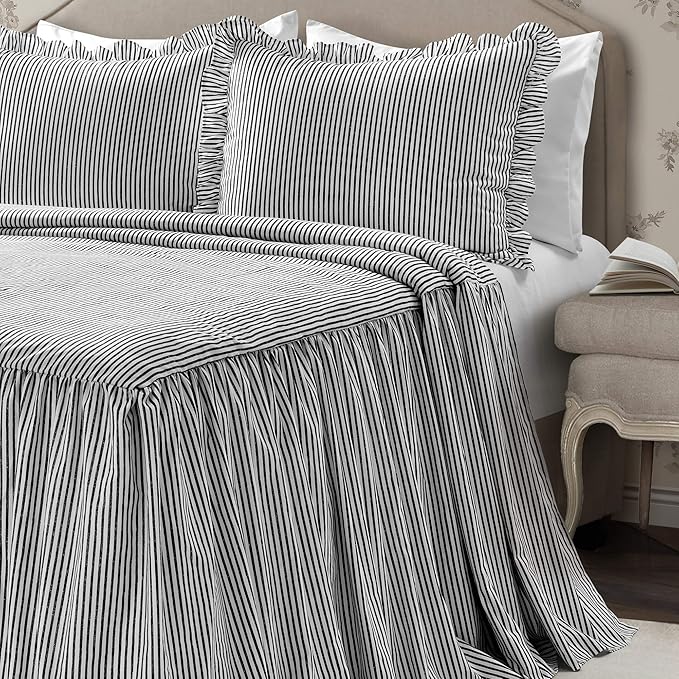 Lush Decor Ticking Stripe Bedspread Full Size 3 Piece Set Black - Ruffle Bedding Set Full Bedspreads - Kids Bedding - Farmhouse & Coquette Decor