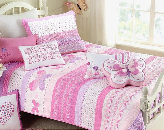 Cozy Line Home Fashions Cute Pink Butterfly Stripe Hearts 100% Cotton Soft Bedding Quilt Set, Coverlet, Bedspread (Queen - 6 Piece)