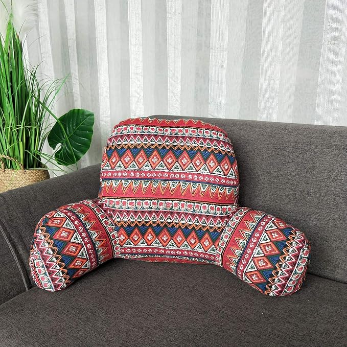 Bohemian Printed Reading Pillow with Support Arms Soft Bed Rest Pillows Back Support Cushion for Kids Reading Watching TV Sitting Up in Bed (23"×16"×10",Red)