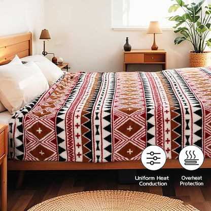 Heated Throw Blanket 50" x 60" Size, Double-Sided Fleece with Temperature Settings & Controller, 3 Hours Auto-Off, Soft Fleece Cozy and Comfortable, Machine Washable,Brown & Red Plaid with Black