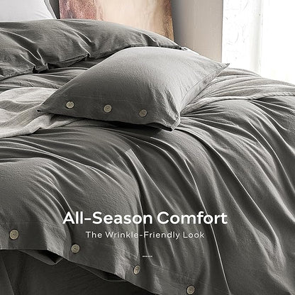 JELLYMONI 100% Washed Cotton Duvet Cover Twin – Soft, Breathable Linen-Look Bedding with Natural Wrinkle Texture, Button Closure, 3-Piece Set (Dark Grey, 68"x90")