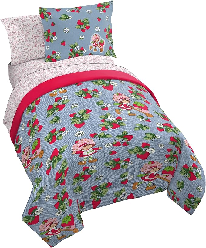 Jay Franco Kids Comforter Set Includes Sheets and Pillow Covers - Soft and Cozy Bed Set for Stylish Room Decor, Blue - Strawberry Shortcake, 7 Piece Full Size Bedding