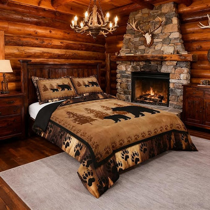 Feelyou Bear Comforter Set Queen Size Farmhouse Wild Animal Comforter Retro Cabin Lodge Bedding Set for Kids Boys Girls Brown Bear Paws Duvet Rustic Bedroom Decor Quilted 3Pcs