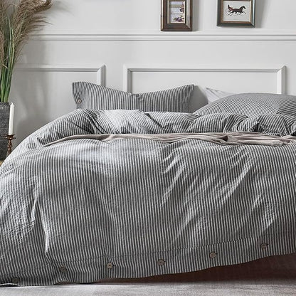JELLYMONI Cotton Duvet Cover King Size - Black Vertical Pinstriped Comforter Cover with Button 100% Washed Cotton 3PCS Breathable Soft Solid Bedding Set Duvet Cover 104×90in & 2 Pillowcases