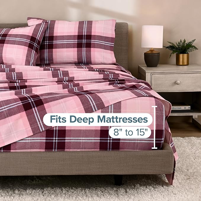 Bare Home Flannel Sheet Set Prints, 100% Cotton, Velvety Soft Heavyweight - Double Brushed Flannel for Extra Softness & Comfort - Deep Pocket - Bed Sheets (King, Symphony Plaid - Pink)