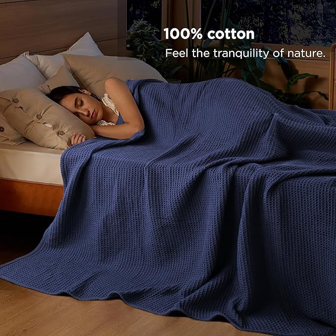Tex Trend Waffle Blanket – 100% Cotton Blankets Queen Size – Breathable and Soft for Christmas – Suitable for Bed Layering, Sofa & Couch - Navy Blue (90”x90”)
