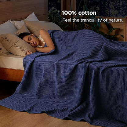 Tex Trend 100% Cotton Blankets King Size – Durable and Versatile Waffle Weave Blankets for Christmas & Year Round Coziness – Breathable & Lightweight - Navy Blue (90”x108”)