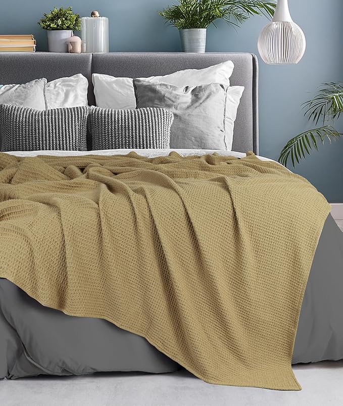 Tex Trend 100% Cotton Blanket – Soft and Breathable Twin XL Waffle Blanket – for Christmas & All Season Comfort – Suitable for Bed Layering, Sofa, Couch - Khaki (60”x90”)
